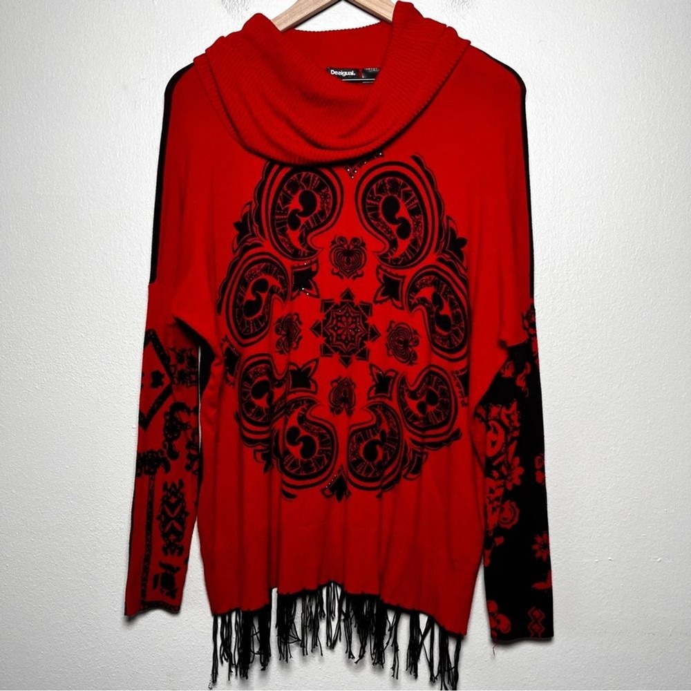 Desigual Women Sweater Medium Red Black Marylebone Fringed Cowl Neck Art Paisley - Picture 2 of 13